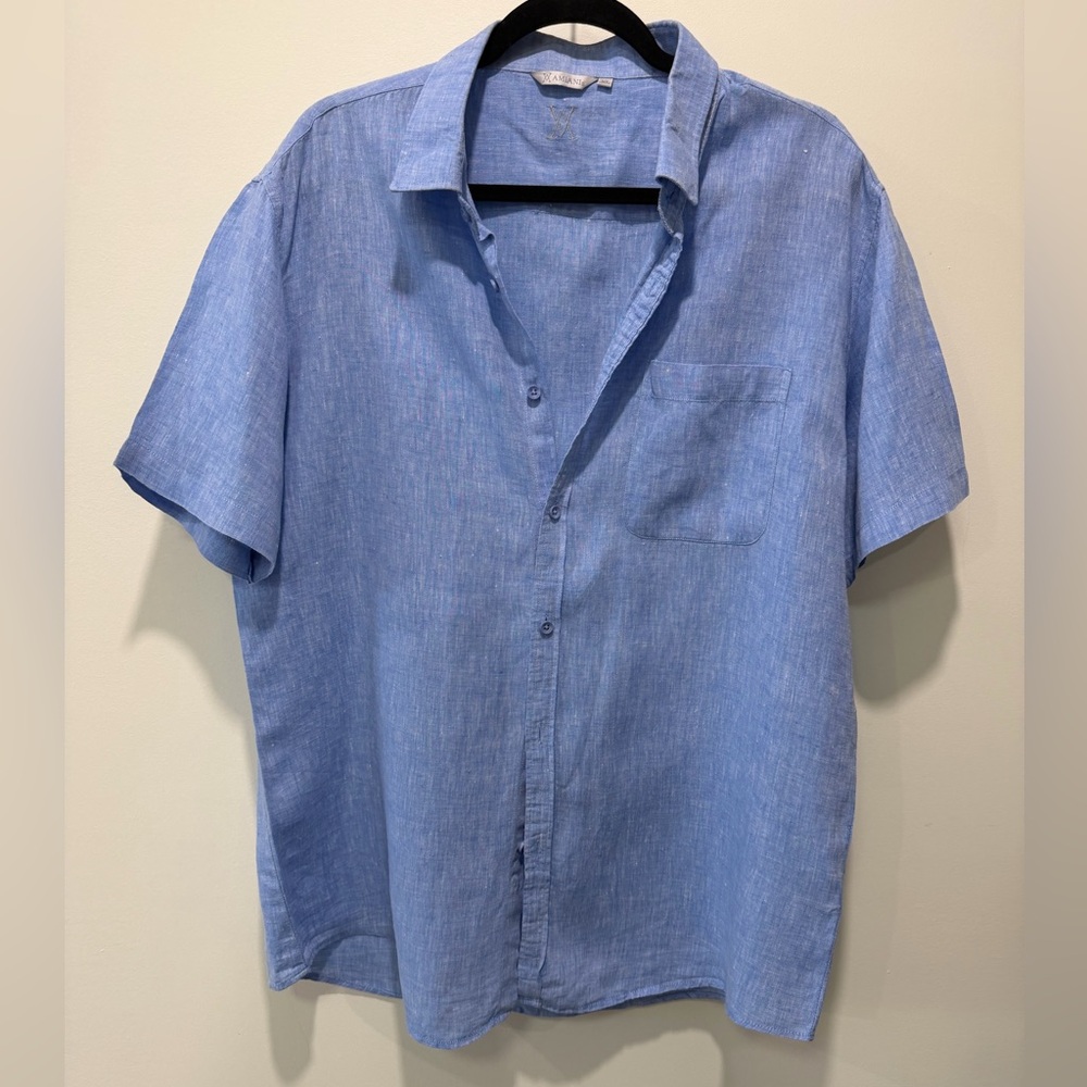 Amiani Men’s Blue Linen Short Sleeve Shirt Size XL Comfortable Lightweight